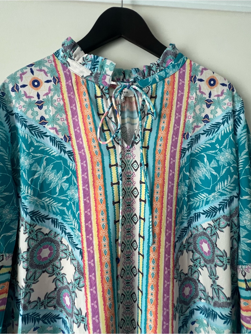 Umgee Teal & Multi-Color Floral Ruffle Tie-Neck Mini Dress - Picture 4 of 11